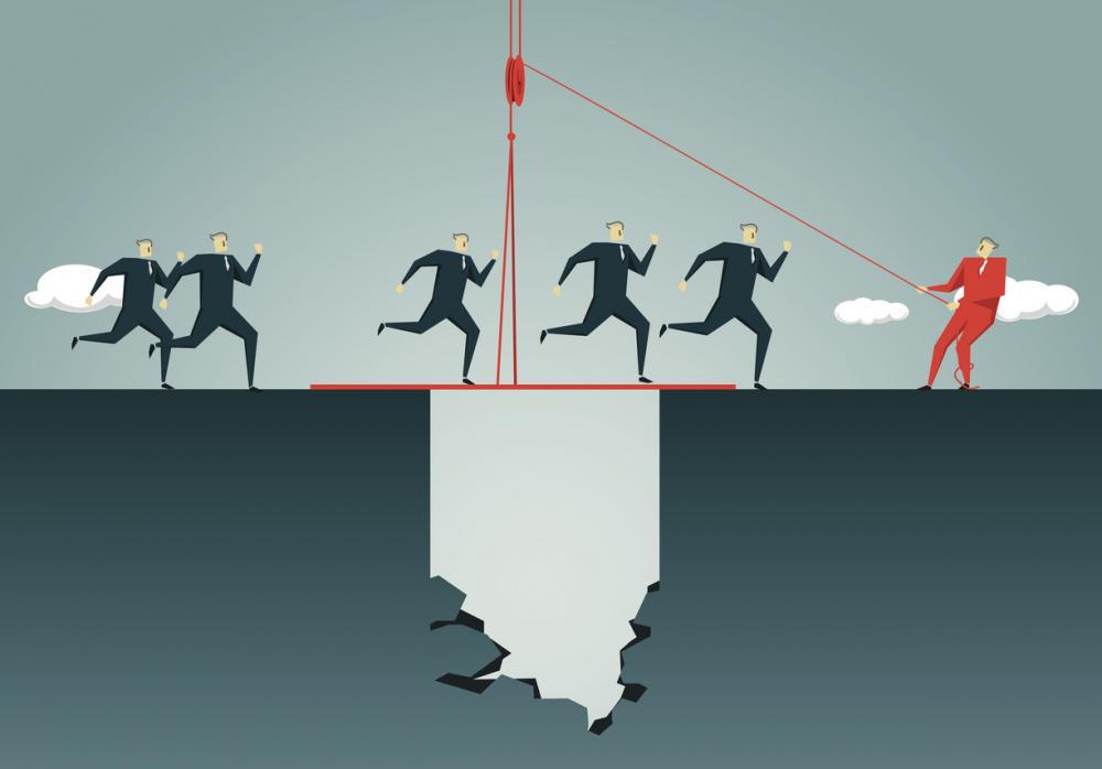 Concept image: business people run over gap covered by temporary bridge