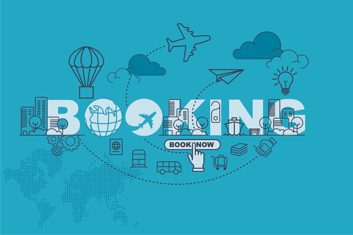 Concept image: "booking" surrounded by travel icons