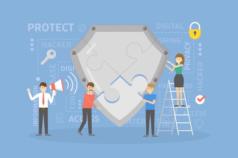 concept image: workers cooperate to put together shield for data protection