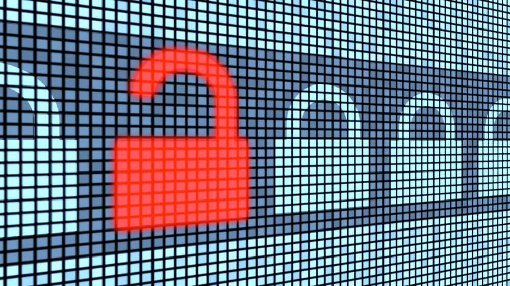 row of digital locks with one red unlocked lock