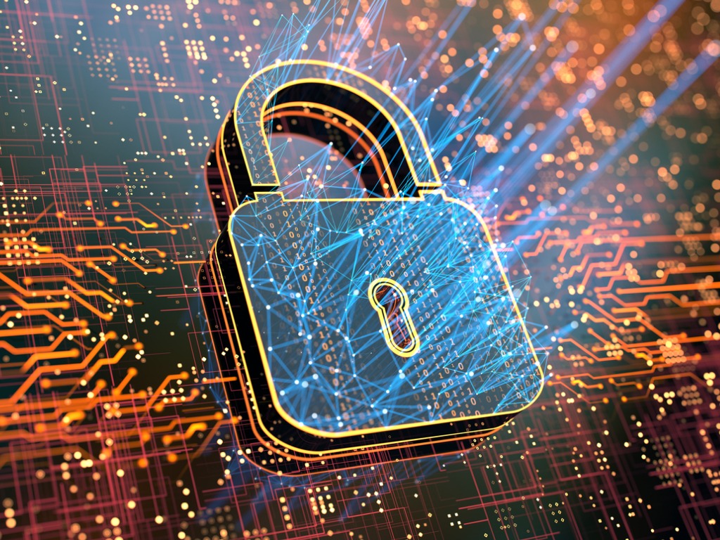 Digital security concept: digital lock surrounded by circuitry