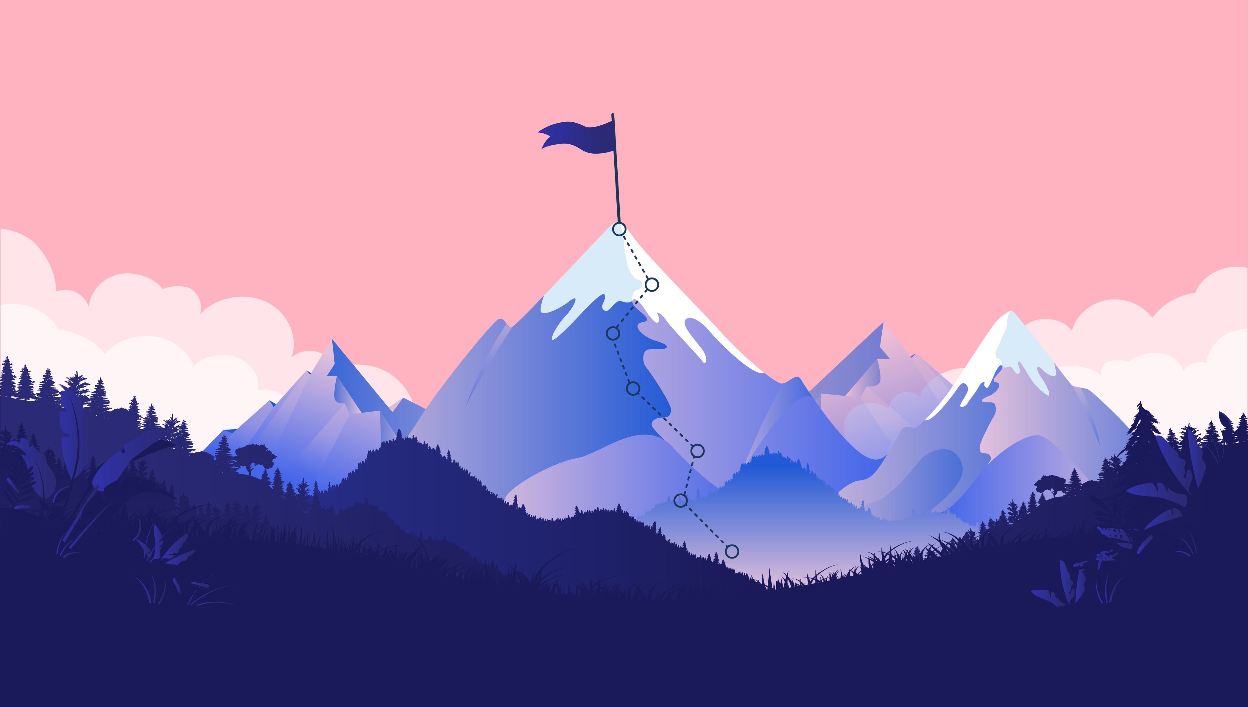 Path to mountain summit with snow and flag on top 