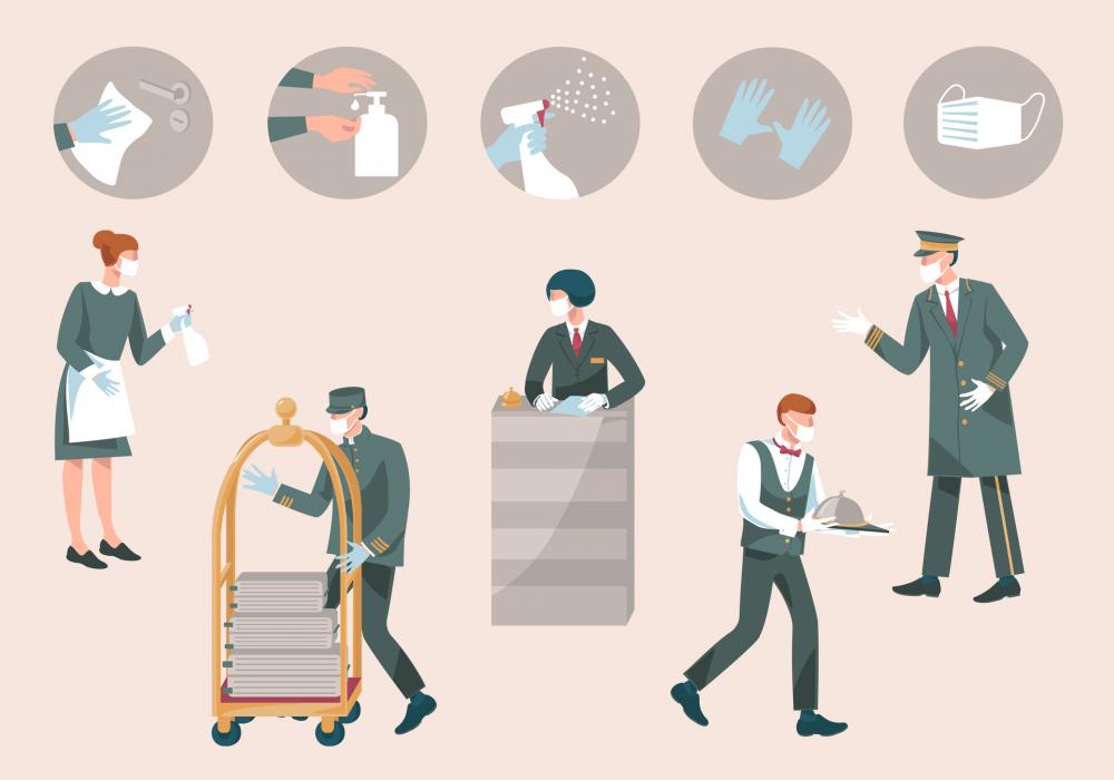 Various hotel staff wearing a mask and gloves while working