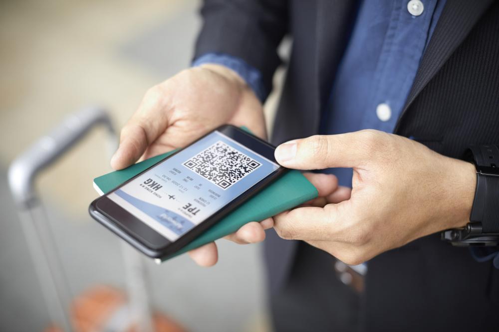 Executive with online airplane ticket in phone