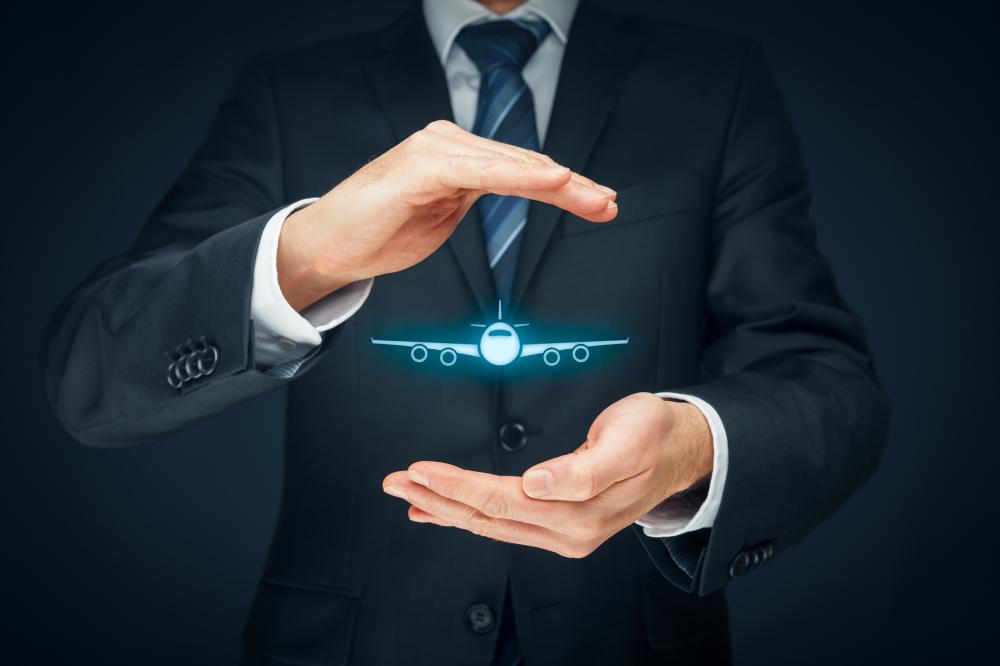 businessman holding airplane between palms