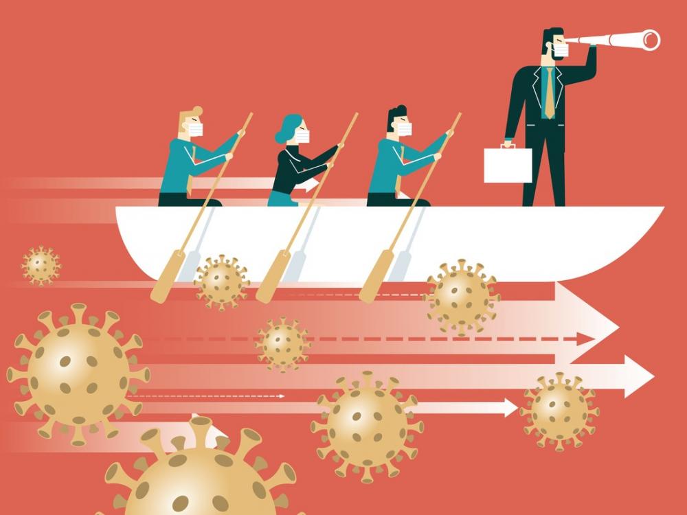 employees on boat rowing through coronavirus germs