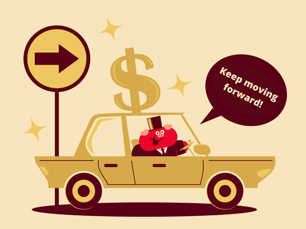 Cute pig businessman driving a car with dollar